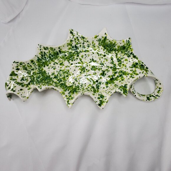 VTG Ceramic Holly Leaf-Shaped serving Tray Green White Splatter 1970's MCM - Picture 11 of 12